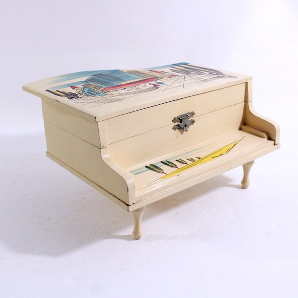 Vintage MCM Working Musical Jewelry Box Piano Shape Made in Japan, Lacquer Over Wood, 50s Era OOAK