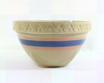 Vintage Yelloware Mixing Bowl with Pink/Blue Bands 9.75"W x 6.5"T, Square 3.5" Base