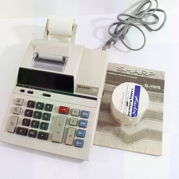 Vintage Working Sharp Electronic Calculator Adding Machine with Manual & Spare Paper Roll, Needs Ink Roller, Model #EL-1197S