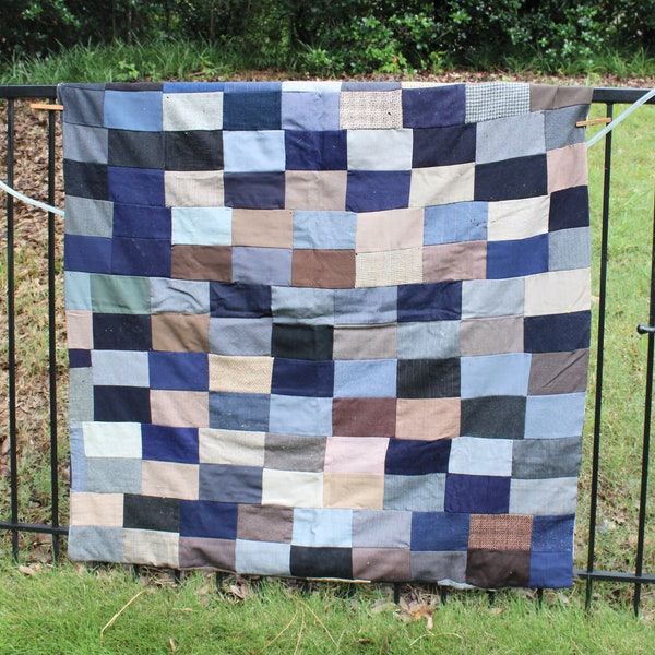 Vintage Wool Patchwork Quilt with NO Batting 53.5" x 51.5", Made Entirely of Tailor's Samples Back & Front, Has Moth Holes, CUTTER QUILT