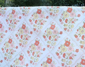 Vintage Floral Wool Blanket Full/Queen 91" x 76" WPL 1675, Washable, Binding at Both Ends, Coral Yellow White