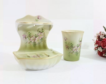 Vintage Hand Painted Nippon Toothbrush Holder/Soap Dish and Cup Soft Olive Green with Floral Designs, Set on Counter or Hang, Bathroom Decor