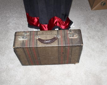 Vintage Stripe Suitcase with Tweed Interior & Old Hardware, 30s-40s Era