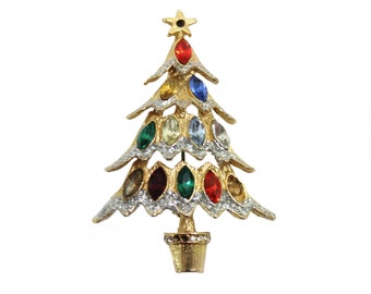 Vintage Christmas Tree Pin or Brooch Gold Tone with Lucite Gems, Christmas Jewelry