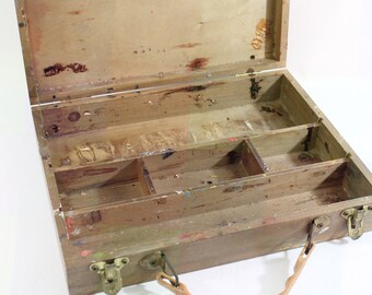 Well Used Vintage Wooden Paint Box with 5 Compartments and Plenty of Drips & Stains 14"L x 10.5"W x 2.75"D, Old Hardware and Broken Handle