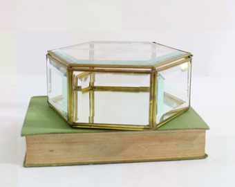 Vintage Clear Glass Hexagonal Box with Etched Top Beveled Edges Gold Corners Mirrored Bottom & Hinged Lid, Jewelry Box or Hold Potpourii
