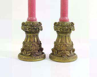 Ornate Gold Taper Candle Holders with Roses (Pair)