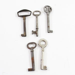 May include: A collection of six antique keys of varying sizes and designs. The keys are made of metal and show signs of age, with some having a rusty appearance. The key heads feature different shapes, including a rectangle, a figure eight, and a circle.