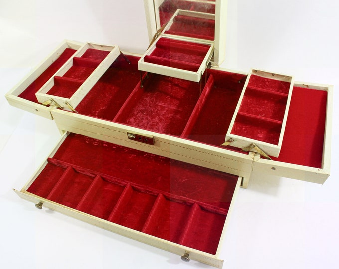 Vintage 60s Large Fold Out Jewelry Box With Drawer & Mirror 4 Tiers