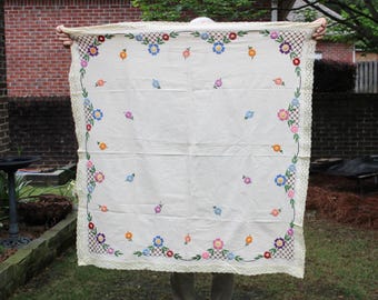 Vintage Mid Century Embroidered Muslin Tablecloth, Off White Lace Edged, One Stain