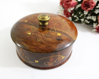 Vintage Round Wood Turned Jewelry Box, Trinket Box with Gold Curlicue Swirls, Unisex Vanity Box, Beautiful Wood Grain 5.5"W x 3"T