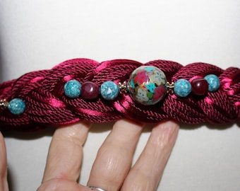Ladies Vintage Woven Braided Maroon Belt with Aqua Bead Accents, Size Small to Medium