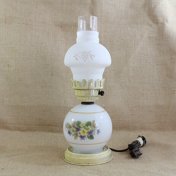 Vintage LAMP PARTS-Floral Hurricane Lamp with Mismatched Globes, Yellow and White, Small Working Table Lamp 15"T