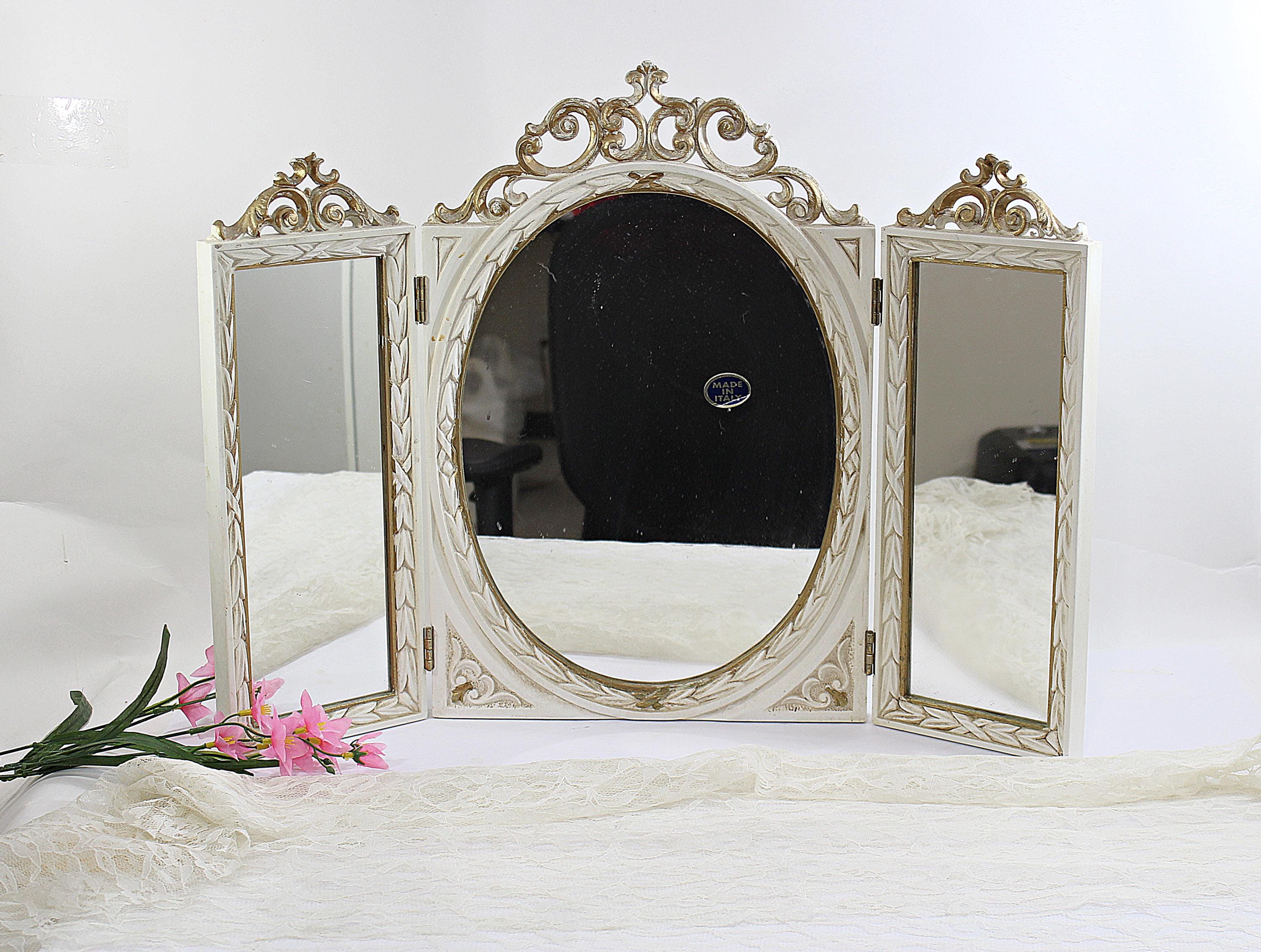 Ornate Hinged Trifold Mirror Cream & Gold, Made in Italy by