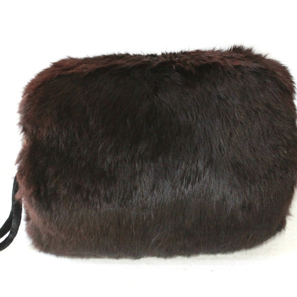 Vintage Fur Muff , Dark Chocolate Brown Fur Muff with Velour Strap , Fur Handmuff , Hand Warmer , Fur Accessory , Winter Attire 10" x 6"