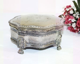 Vintage Ornate Silverplate Hinged Jewelry Box with Lion Heads & Claw Feet, Vanity or Dresser Box, British Coat of Arms and Motto on Top