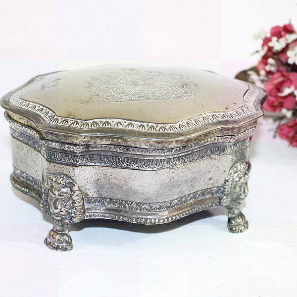 Vintage Ornate Silverplate Hinged Jewelry Box with Lion Heads & Claw Feet, Vanity or Dresser Box, British Coat of Arms and Motto on Top