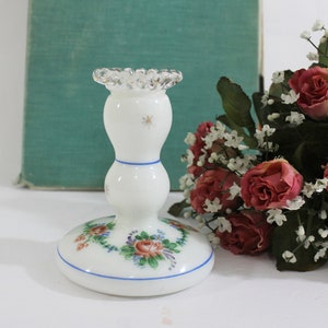 Vintage Milk Glass Candle Vase: Gold Tipped Ruffled Edge, Floral Swags