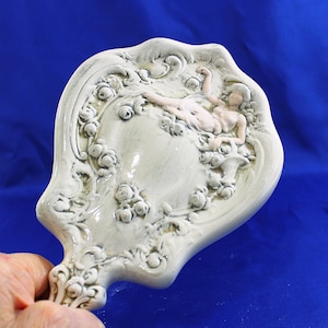 Vintage Cottagecore Embossed Ceramic Hand Mirror with Cherub & Raised Designs, Off White, Shabby Chic Style