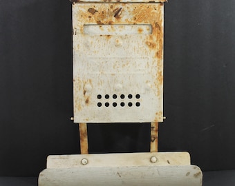 Vintage Rusty Metal Old White Mailbox with Newspaper Holder, 40s-60s Era