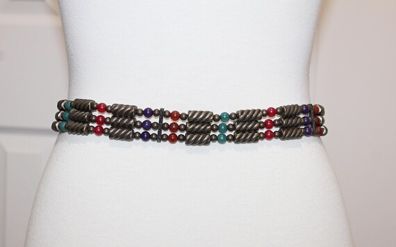 Vintage 80s Beaded Leather Belt: Western Buckle, Boho Style  display picture 1