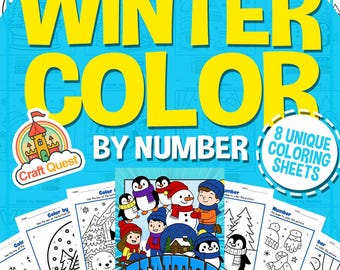 Activité hivernale de coloriage par numéros pour enfants | 8 pages à colorier à imprimer (téléchargement instantané)