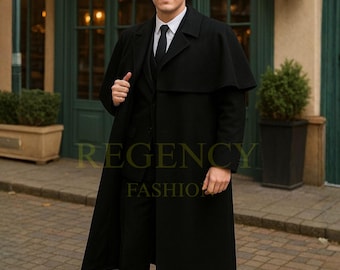 Men’s Black Inverness Cape Coat | Victorian Cloak Overcoat | Sherlock Holmes Style Coat