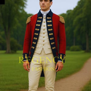 Regency militaire officiersjas heren | Rood en marineblauw wollen uniform | Historische outfit voor Britse soldaten