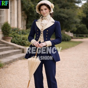 Jane Austen Style Women’s Navy Blue Wool Regency Suit - Cream Lapel Tailcoat - Historical costume