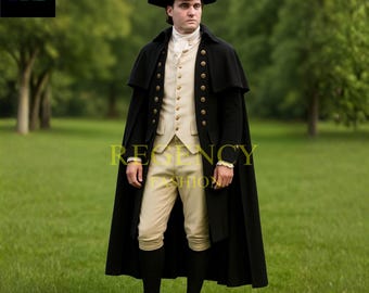 18th Century Gentleman’s Black Wool Cloak & Cream Regency Suit – Historical Colonial Outfit for Men
