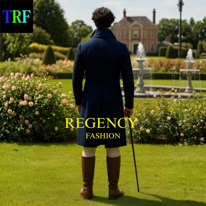 Mister Darcy Navy Regency Tailcoat Ensemble with Waistcoat & Breeches – Classic  Men’s Outfit Men’s Regency Gentleman Costume – Navy Tailcoat, Tan Waistcoat & Cream Breeches Inspired Regency Suit – Elegant Tailcoat with Riding Breeches Regency Gentleman Attire – Formal Tailcoat, Waistcoat & Cravat Set Vintage Regency Men’s Fashion – Navy Tailcoat with Tan Vest & Cream Pants