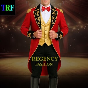 May include: A red tailcoat with gold trim, black accents, and gold epaulets. The coat features black cuffs with gold embroidery and is paired with a gold vest, black pants, and black boots. A red bow tie completes the look. The text "REGENCY FASHION" is visible.
