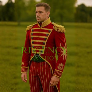 May include: A red military-style jacket and matching striped pants. The jacket features gold trim, epaulets, and decorative embroidery. The outfit includes a high collar and multiple buttons. The text "REGENCY FASHION" is visible.