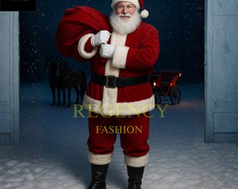 May include: Santa Claus in a red velvet suit with white trim, a black belt, and boots, carrying a large sack. He wears a red hat and white gloves. The image includes the text "Regency Fashion".