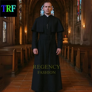 Könnte beinhalten: Eine schwarze Priesterkutte mit passendem Umhang und Kreuzanhänger. Das Outfit wird von einer Person in einer Kirche getragen. Der Text "REGENCY FASHION" ist auf dem Kleidungsstück zu sehen. Das Logo "TRF" ist sichtbar.