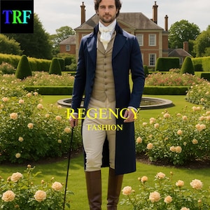 Mister Darcy Navy Regency Tailcoat Ensemble with Waistcoat & Breeches – Classic  Men’s Outfit Men’s Regency Gentleman Costume – Navy Tailcoat, Tan Waistcoat & Cream Breeches Inspired Regency Suit – Elegant Tailcoat with Riding Breeches Regency Gentleman Attire – Formal Tailcoat, Waistcoat & Cravat Set Vintage Regency Men’s Fashion – Navy Tailcoat with Tan Vest & Cream Pants