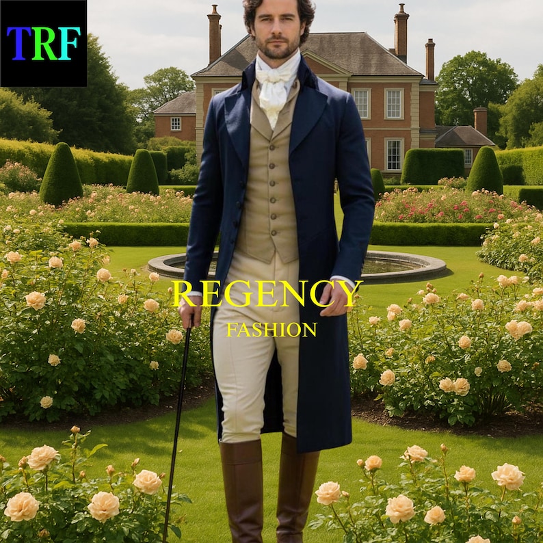 Mister Darcy Navy Regency Tailcoat Ensemble with Waistcoat & Breeches – Classic  Men’s Outfit Men’s Regency Gentleman Costume – Navy Tailcoat, Tan Waistcoat & Cream Breeches Inspired Regency Suit – Elegant Tailcoat with Riding Breeches Regency Gentleman Attire – Formal Tailcoat, Waistcoat & Cravat Set Vintage Regency Men’s Fashion – Navy Tailcoat with Tan Vest & Cream Pants