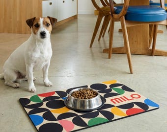 Tapete personalizado para comida de animais de estimação com design geométrico Bauhaus, tapete antiderrapante personalizado para refeições de cães e gatos.