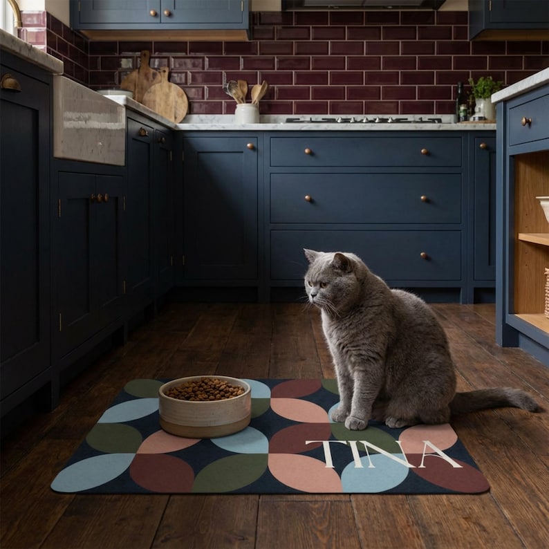 Vintage Custom Pet Food Mat, Mid Century Modern Geometric Non Slip Feeding Placemat for Cats & Dogs image 8