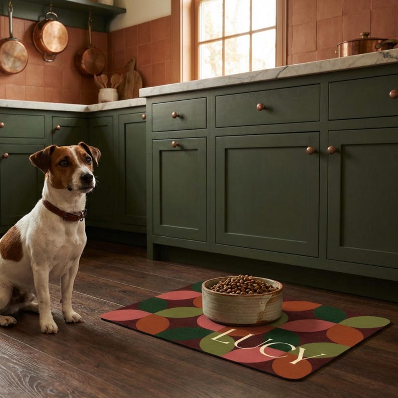 Vintage Custom Pet Food Mat, Mid Century Modern Geometric Non Slip Feeding Placemat for Cats & Dogs image 4