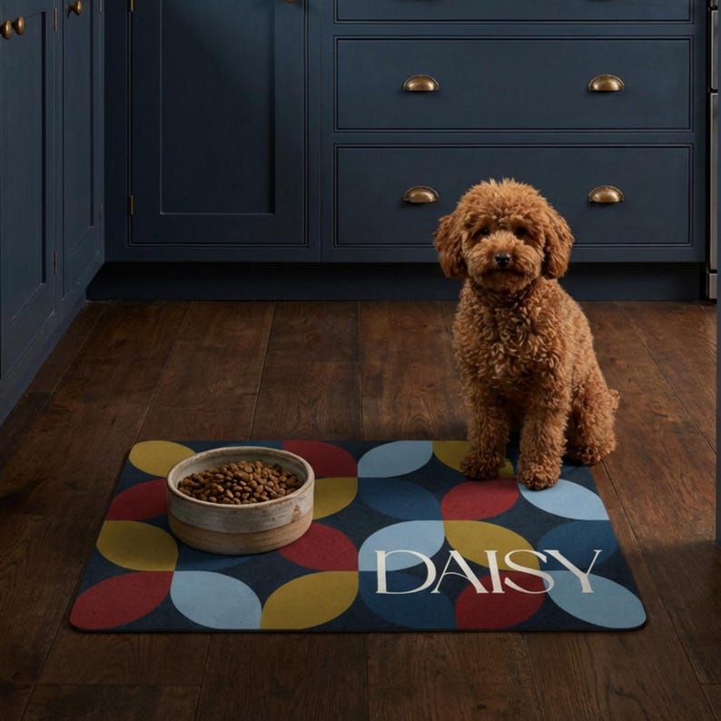 May include: A dog food mat with a colorful geometric pattern in red, yellow, and blue, with the name "DAISY" in white. A ceramic bowl filled with dog food sits on the mat. A brown dog sits next to the mat in a kitchen setting.