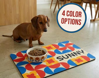 Custom Pet Food Mat, Personalized Feeding Mat, Retro Bauhaus Colorful Geometric Non Slip Pet Placemat for Cats & Dogs