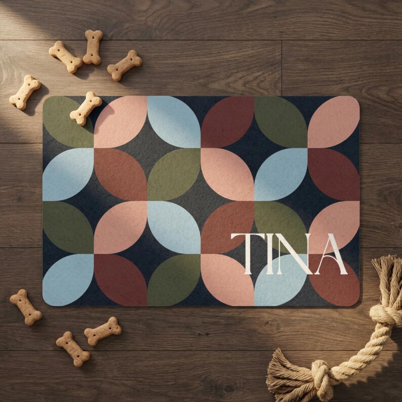 May include: A rectangular pet food mat with a geometric pattern in shades of blue, green, pink, and brown. The name "TINA" is printed in white. Several bone-shaped dog biscuits and a rope toy are also visible.