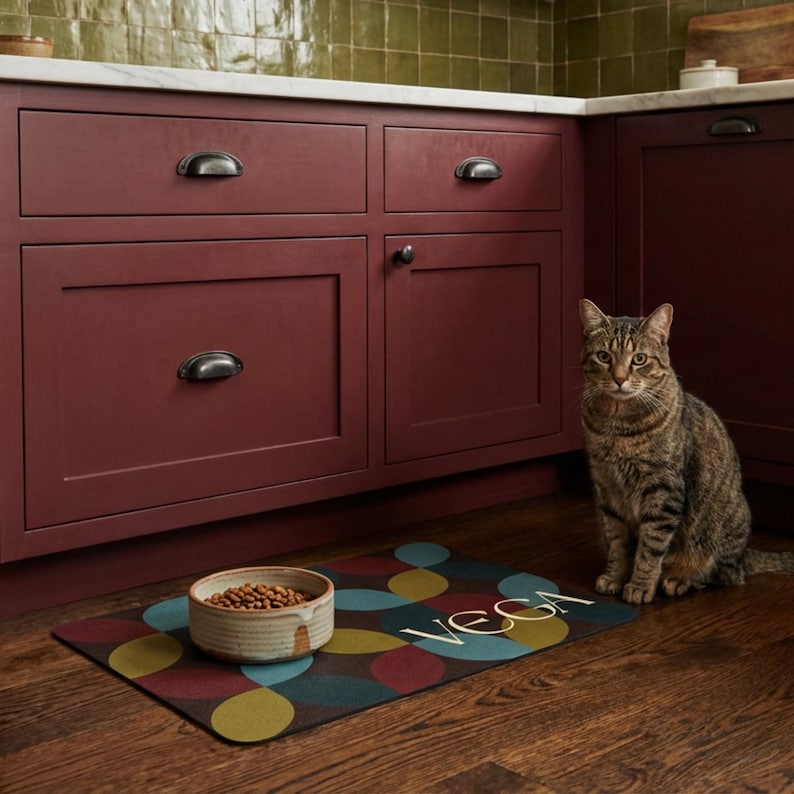 May include: A brown tabby cat sits near a colorful pet food mat with the name "VEGA" in white. A ceramic bowl filled with pet food sits on the mat. The mat has a pattern of overlapping circles in teal, yellow, and burgundy.