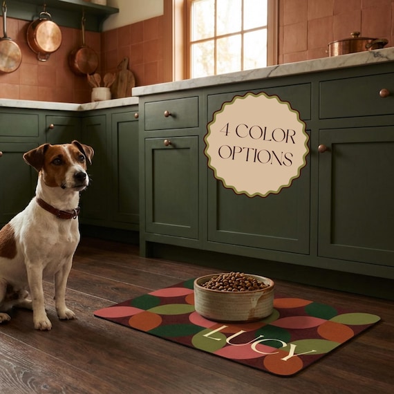 Vintage Custom Pet Food Mat, Mid Century Modern Geometric Non Slip Feeding Placemat for Cats & Dogs