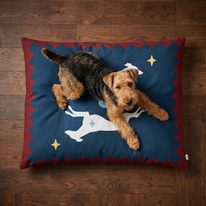 Puede incluir: Una cama para perros rectangular con un fondo azul marino y un borde rojo en zigzag. La cama presenta siluetas blancas de perros corriendo, estrellas amarillas y un diamante azul. Un perro marrón y negro está acostado en la cama.