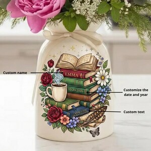 Personalized Book Stack Vase, Custom Graduation Gift For Book Lover, Teacher Librarian Present, Custom Name Date And Text Floral Pot