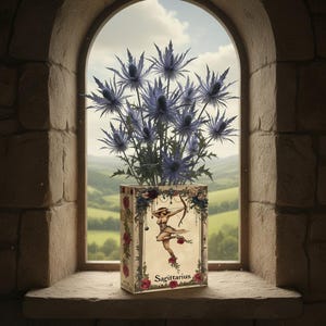 May include: A bouquet of blue thistle flowers in a decorative box. The box features a vintage illustration of a woman with a bow and arrow, with the word "Sagittarius" below. The scene is set in a stone window with a view of a green landscape.