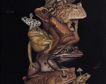Frog Tower/ 10x20 / Frog Art / Toad Art / Frog Print / Quirky Art / Fine Art Print / Foliage / Dark Art