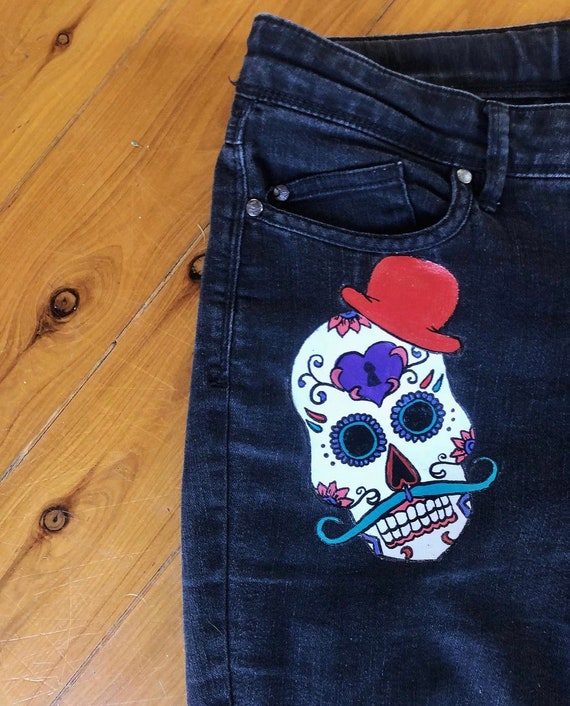 Sugar Skull Handpainted Denim Jeans 